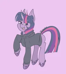 Size: 3498x3892 | Tagged: safe, artist:tkshoelace, derpibooru import, twilight sparkle, pony, unicorn, g4, clothes, eyelashes, hoodie, horn, image, looking at you, missing cutie mark, png, raised leg, solo, unshorn fetlocks