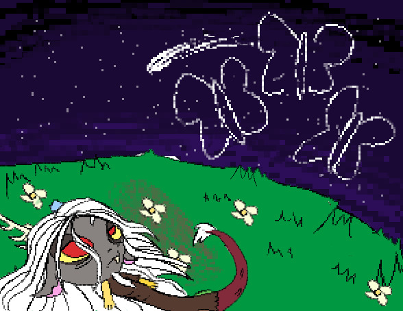 Size: 588x454 | Tagged: safe, artist:jojomero, derpibooru import, discord, butterfly, insect, g5, spoiler:g5comic, do u like stars?, grass, image, immortality blues, implied death, implied fluttershy, jpeg, long hair, old man discord, shooting star, stars, tearjerker, white hair