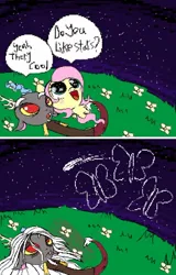 Size: 712x1115 | Tagged: safe, alternate version, derpibooru import, fluttershy, butterfly, insect, comic, do u like stars?, grass, image, immortality blues, implied death, implied fluttershy, jpeg, long hair, question mark, screenshots, shooting star, sparkles, stars, tearjerker, white hair