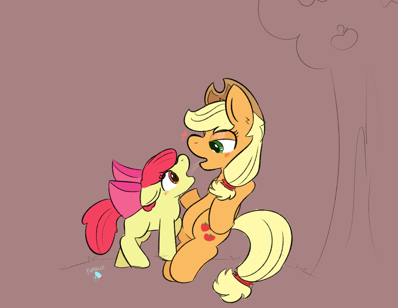 Size: 3300x2550 | Tagged: suggestive, artist:fursicle, derpibooru import, apple bloom, applejack, earth pony, pony, age difference, apple, apple bloom's bow, apple sisters, apple tree, applecest, applejack's hat, blank flank, blushing, bow, cowboy hat, drool, drool string, duo, female, filly, foal, foalcon, food, gray background, hair bow, hat, heart, image, implied kissing, incest, kissing, lesbian, looking at each other, looking at someone, mare, png, ship:bloomjack, shipping, siblings, side view, simple background, sisters, tail, tree, underage