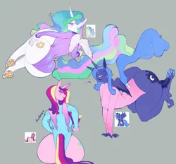 Size: 1200x1113 | Tagged: suggestive, artist:florescentcolo2, derpibooru import, princess cadance, princess celestia, princess luna, alicorn, anthro, g4, alicorn triarchy, big breasts, bimbo, bimbo cadance, bimbo celestia, bimbo luna, bimboification, breasts, busty princess cadance, busty princess celestia, busty princess luna, clothes, female, gray background, image, jpeg, leotard, simple background, thong leotard