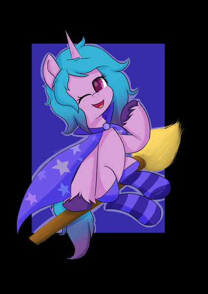 Size: 5787x8185 | Tagged: safe, artist:skylinepony_, derpibooru import, izzy moonbow, pony, unicorn, g5, broom, cloak, clothes, female, flying, flying broomstick, horn, image, mare, one eye closed, open mouth, open smile, png, smiling, solo, tail, unshorn fetlocks, witch