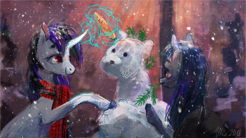 Size: 1920x1080 | Tagged: safe, artist:wolfiedrawie, derpibooru import, oc, oc:cosmia nebula, oc:lurid shadow, unofficial characters only, pony, unicorn, carrot, clothes, food, horn, image, png, scarf, snow, snowmare, snowpony, winter