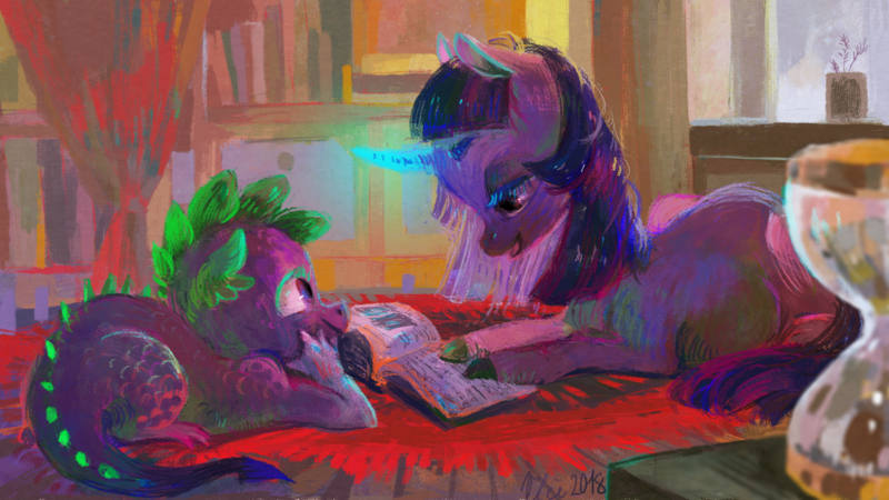 Size: 3840x2160 | Tagged: safe, artist:wolfiedrawie, derpibooru import, spike, twilight sparkle, dragon, pony, unicorn, g4, bed, book, duo, female, hourglass, image, lying down, mare, png, prone, reading, unicorn twilight