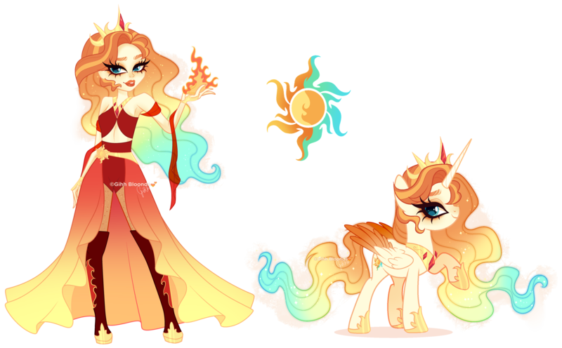 Size: 6560x4064 | Tagged: safe, artist:gihhbloonde, derpibooru import, alicorn, human, pony, clothes, female, human ponidox, image, magical lesbian spawn, mare, offspring, parent:princess celestia, parent:sunset shimmer, parents:sunsestia, png, self paradox, self ponidox, simple background, transparent background