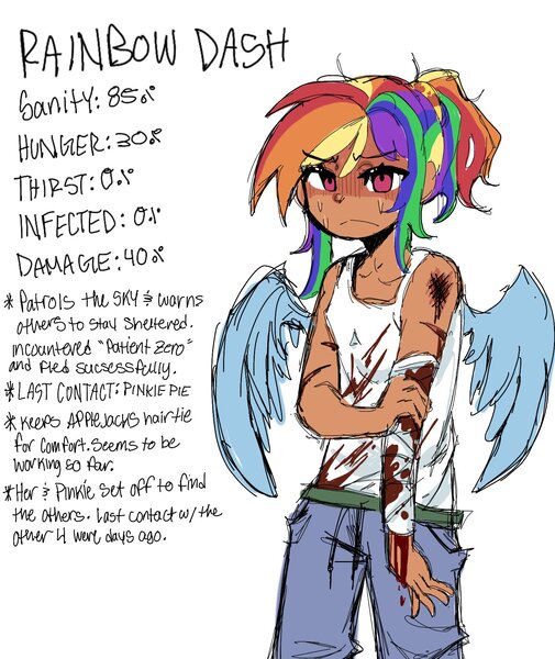 Size: 1532x1820 | Tagged: semi-grimdark, artist:parappaya, derpibooru import, rainbow dash, human, female, humanized, image, infection au, jpeg, simple background, solo, white background, winged humanization, wings