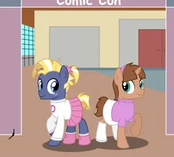 Size: 5000x4500 | Tagged: safe, artist:peternators, derpibooru import, star tracker, oc, oc:heroic armour, earth pony, pony, unicorn, alternate hairstyle, boots, clothes, colt, convention, cosplay, costume, crossdressing, crossplay, duo, foal, freckles, horn, image, looking at each other, looking at someone, male, png, ponytail, shirt, shoes, skirt, smiling, starcrossed, sweater, teenager, the fairly oddparents, trixie tang, veronica star