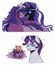 Size: 2200x2600 | Tagged: safe, artist:slapearl, derpibooru import, nightmare rarity, rarity, twilight sparkle, twilight sparkle (alicorn), alicorn, pony, g4, 10, eyes closed, female, holding, image, jpeg, lesbian, lips, looking at each other, looking at someone, mare, open mouth, open smile, ship:rarilight, shipping, sign, smiling