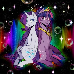 Size: 1400x1400 | Tagged: safe, artist:slapearl, derpibooru import, rarity, twilight sparkle, twilight sparkle (alicorn), alicorn, pony, abstract background, bubble, duo, duo female, female, image, itunes, jpeg, lesbian, lips, mare, ship:rarilight, shipping, smiling