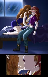 Size: 2323x3690 | Tagged: safe, artist:daazzlin, derpibooru import, adagio dazzle, sunset shimmer, human, equestria girls, g4, bed, blushing, clothes, duo, female, human coloration, humanized, image, kissing, lesbian, png, ship:sunsagio, shipping, sunsagio, underwear