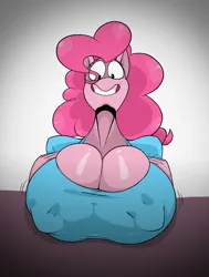 Size: 1450x1920 | Tagged: suggestive, artist:theimmortalguy, derpibooru import, pinkie pie, anthro, earth pony, g4, big breasts, breasts, breasts on table, busty pinkie pie, choker, cleavage, drool, erect nipples, grin, huge breasts, image, jpeg, looking at you, nipple outline, smiling, smiling at you