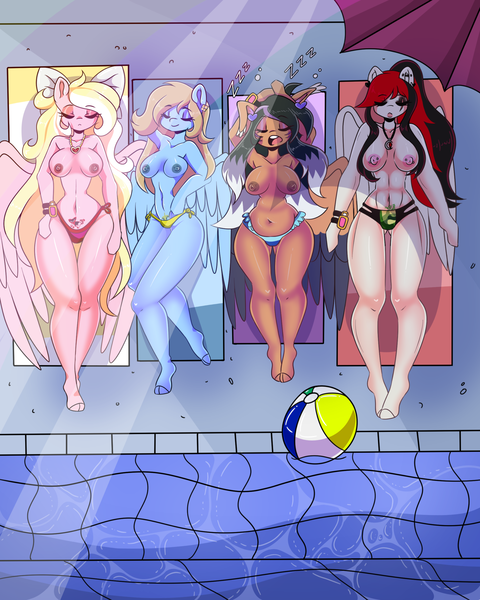 Size: 2280x2850 | Tagged: questionable, artist:dub_doodles, derpibooru import, ponerpics import, oc, oc:alexus nictivia, oc:bay breeze, oc:cannon car, oc:lusty symphony, unofficial characters only, anthro, pegasus, agent alabastor amril, beach ball, beach towel, bikini, bikini bottom, bow, breasts, clothes, ear piercing, eyes closed, female, hair bow, hoof hands, image, jewelry, lying down, nipple piercing, nipples, nudity, on back, partial nudity, pendant, piercing, png, sleeping, sunbathing, swimming pool, swimsuit, tattoo, topless, towel, trio, trio female, umbrella, wings, wings down, womb tattoo