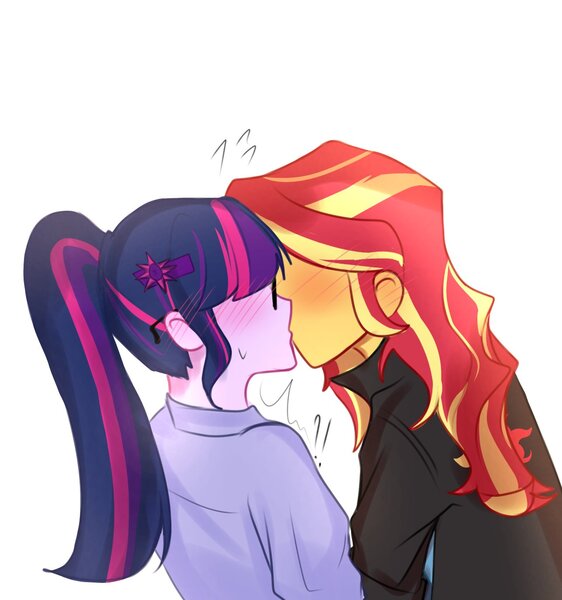 Size: 1287x1373 | Tagged: safe, artist:eddin_sciset, derpibooru import, sci-twi, sunset shimmer, twilight sparkle, equestria girls, g4, blushing, duo, female, hidden eyes, image, jpeg, kissing, lesbian, ship:sci-twishimmer, shipping, simple background, sunsetsparkle, white background