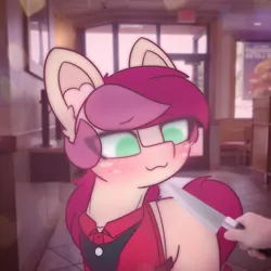 Size: 2664x2664 | Tagged: safe, artist:sodapop sprays, derpibooru import, roseluck, earth pony, pony, series:roseluck can't catch a break, blushing, clothes, eye clipping through hair, image, knife, meme, png, ponified meme, solo, uniform, wendy's