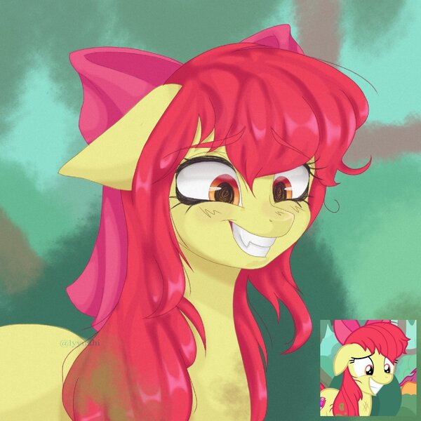 Size: 2048x2048 | Tagged: safe, artist:engelsschwarz, derpibooru import, apple bloom, earth pony, pony, g4, growing up is hard to do, dirty, fangs, female, floppy ears, forest, grin, image, jpeg, mare, messy mane, nature, older, older apple bloom, scene interpretation, smiling, solo, tree