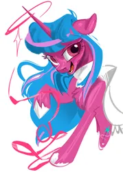 Size: 780x1092 | Tagged: safe, artist:beherelongtime, derpibooru import, oc, oc:echoshade, unofficial characters only, pony, unicorn, fanfic:song of seven, blue mane, clothes, cutie mark, hooves, horn, image, magic, pink coat, pink eyes, png, raised hoof, scarf, simple background, solo, two toned mane, unicorn oc, white background, white hooves