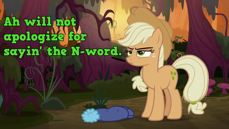 Size: 1280x720 | Tagged: safe, derpibooru import, edit, edited screencap, screencap, mean applejack, earth pony, pony, g4, season 8, the mean 6, spoiler:s08, clone, cowboy hat, everfree forest, female, fire swamp, font, frown, grass, hat, image, implied racial slur, mare, mushroom, n word, plant, png, racism, rock, serious, serious face, solo, southern accent, speech, talking, text, tree, unapologetic