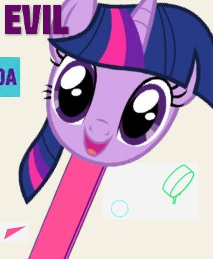 Size: 425x517 | Tagged: safe, derpibooru import, twilight sparkle, pony, unicorn, circle, cropped, evil, female, font, food, geometric figures, head, horn, image, jpeg, looking at you, mare, only head, open mouth, popsicle, smiling, smiling at you, solo, text, triangle, unicorn twilight, wat