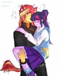 Size: 1242x1618 | Tagged: safe, artist:eddin_sciset, derpibooru import, sci-twi, sunset shimmer, twilight sparkle, cat, human, equestria girls, g4, carrying, cat ears, catgirl, duo, female, image, jpeg, lesbian, nyanset shimmer, ship:sci-twishimmer, shipping, simple background, sunsetsparkle, tail, white background