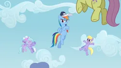 Size: 1280x720 | Tagged: safe, derpibooru import, screencap, cloud kicker, cloudchaser, flitter, rainbow dash, pegasus, pony, g4, hurricane fluttershy, coach rainbow dash, fritter, hug, image, png