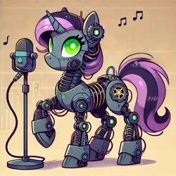 Size: 1400x1400 | Tagged: safe, ai content, derpibooru import, machine learning generated, pony, robot, robot pony, unicorn, generator:dall-e 3, horn, image, microphone, music notes, png, prompter:teonanakatle, raised hoof