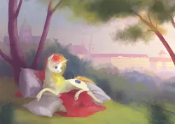 Size: 2480x1755 | Tagged: safe, artist:wolfiedrawie, derpibooru import, oc, oc:miss libussa, unofficial characters only, pony, unicorn, female, horn, image, lidded eyes, lying down, mare, pillow, png, scenery, side, solo, tree, under the tree