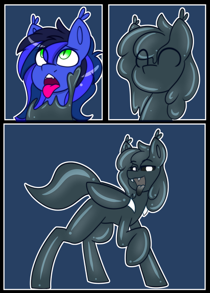 Size: 3688x5136 | Tagged: suggestive, artist:askhypnoswirl, derpibooru import, oc, oc:guard cobalt flash, bat pony, goo, goo pony, original species, bat pony oc, bat wings, bondage, commission, encasement, image, living clothes, living latex, living suit, mind control, png, tongue out, transformation, wings, ych result