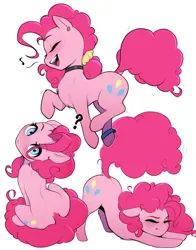 Size: 3500x4474 | Tagged: safe, artist:captainpudgemuffin, derpibooru import, pinkie pie, earth pony, pegasus, pony, g4, anklet, behaving like a cat, blushing, both cutie marks, chest fluff, choker, chokerpie, concave belly, cute, diapinkes, dock, ear piercing, earring, emanata, eyebrows, eyebrows visible through hair, eyes closed, face down ass up, female, floppy ears, hair over one eye, hair tie, head tilt, high res, image, jewelry, looking at you, looking back, looking back at you, looking up, looking up at you, mare, music notes, open mouth, piercing, png, question mark, raised tail, scrunchie, simple background, singing, sitting, sitting on tail, smiling, solo, stray strand, stretching, tail, white background