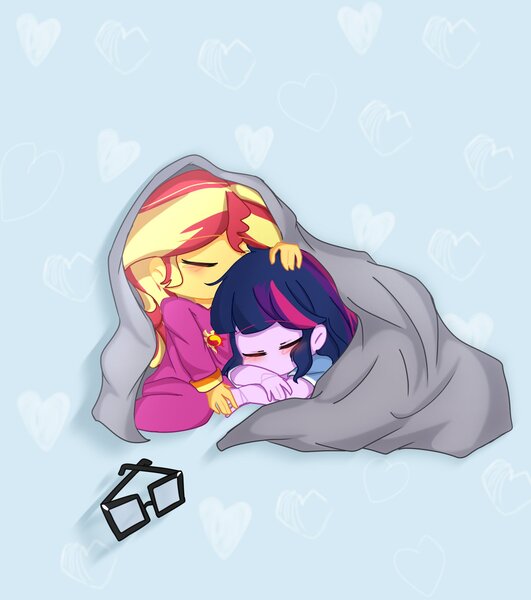 Size: 1751x1980 | Tagged: safe, artist:eddin_sciset, derpibooru import, sci-twi, sunset shimmer, twilight sparkle, equestria girls, g4, blanket, chibi, cute, duo, female, image, jpeg, lesbian, ship:sci-twishimmer, shipping, sunsetsparkle