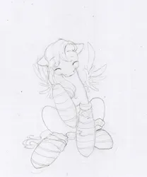 Size: 1200x1444 | Tagged: safe, artist:wolfiedrawie, derpibooru import, oc, oc:wolfie drawie, unofficial characters only, pegasus, pony, black and white, clothes, female, grayscale, image, jpeg, mare, monochrome, sitting, sketch, socks, spread wings, traditional art, wings