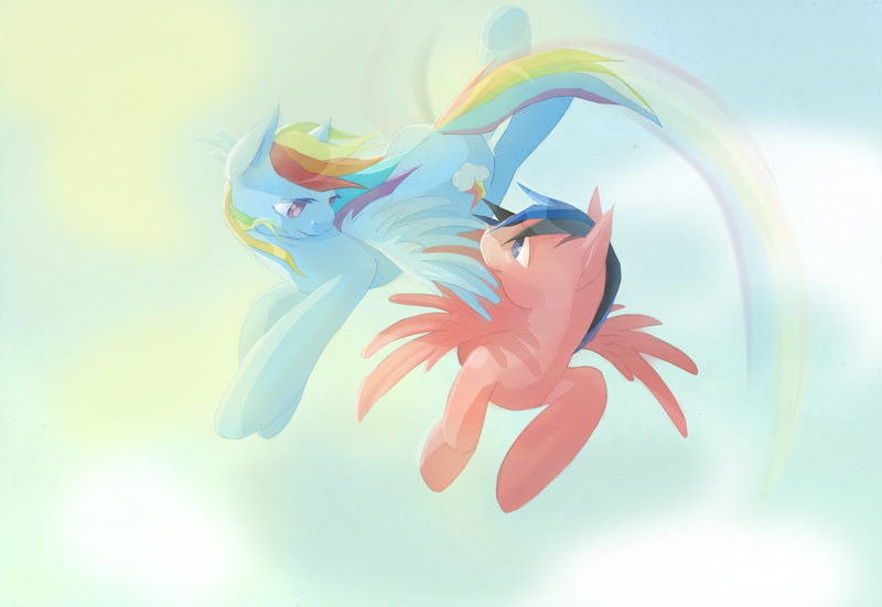 Size: 2902x1997 | Tagged: safe, artist:wolfiedrawie, derpibooru import, rainbow dash, oc, pegasus, pony, g4, duo, female, flying, image, looking at each other, looking at someone, male, mare, png, stallion