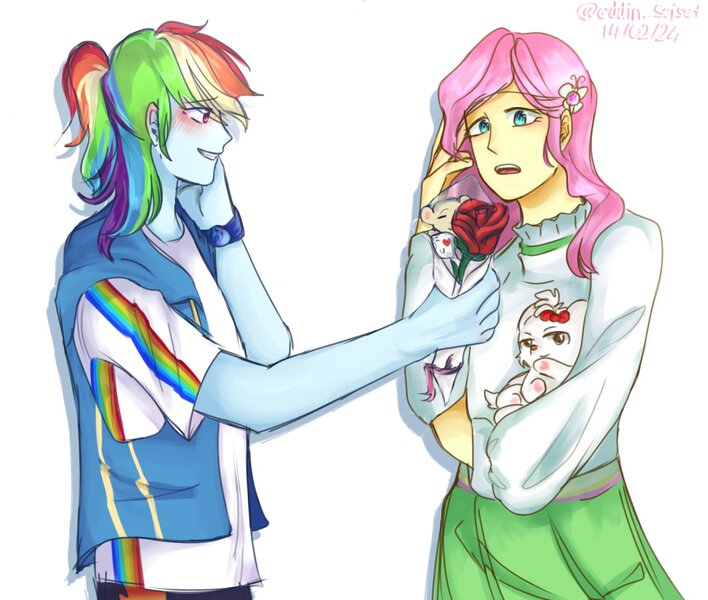 Size: 1443x1223 | Tagged: safe, artist:eddin_sciset, derpibooru import, fluttershy, rainbow dash, equestria girls, g4, blushing, duo, female, flower, flutterdash, image, jpeg, lesbian, shipping