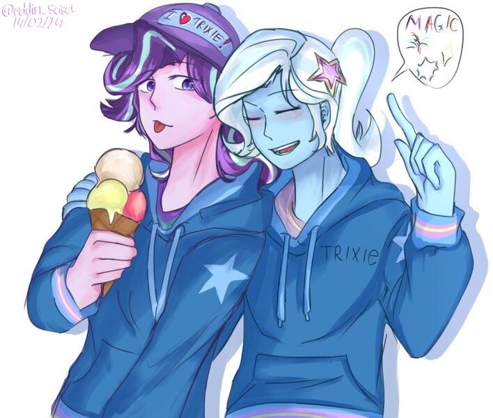 Size: 1443x1223 | Tagged: safe, artist:eddin_sciset, derpibooru import, starlight glimmer, trixie, equestria girls, g4, duo, female, food, ice cream, image, jpeg, lesbian, shipping, startrix