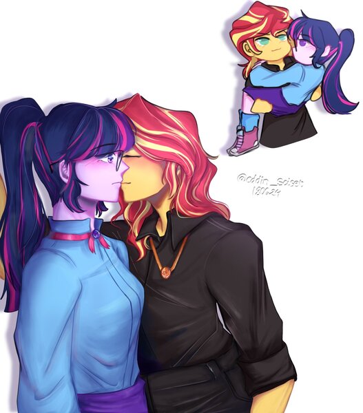 Size: 1661x1890 | Tagged: safe, artist:eddin_sciset, derpibooru import, sci-twi, sunset shimmer, twilight sparkle, equestria girls, g4, duo, female, holding, image, jpeg, kissing, lesbian, ship:sci-twishimmer, shipping, simple background, sunsetsparkle, white background