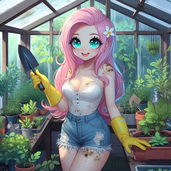 Size: 1024x1024 | Tagged: safe, ai content, derpibooru import, generator:copilot, machine learning generated, fluttershy, human, g4, adorasexy, anime, blushing, breasts, camisole, cleavage, clothes, cute, denim, denim shorts, dirty clothes, female, flower, flower in hair, generator:dall-e 3, gloves, greenhouse, humanized, image, jpeg, long hair, looking at you, rubber gloves, sexy, shorts, shyabetes, smiling, smiling at you, solo, standing, stupid sexy fluttershy, trowel