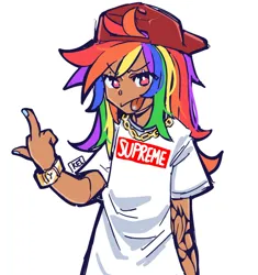 Size: 1176x1251 | Tagged: safe, artist:parappaya, derpibooru import, rainbow dash, human, female, humanized, image, jpeg, middle finger, simple background, tongue out, vulgar, white background