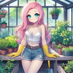 Size: 1024x1024 | Tagged: safe, ai content, derpibooru import, generator:copilot, machine learning generated, fluttershy, human, g4, adorasexy, anime, blushing, breasts, camisole, clothes, cute, denim, denim shorts, female, generator:dall-e 3, gloves, greenhouse, humanized, image, jpeg, leaning on table, long hair, looking at you, midriff, rubber gloves, sexy, shorts, shyabetes, smiling, smiling at you, solo, standing, stupid sexy fluttershy