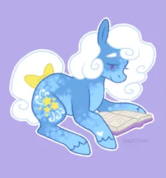 Size: 695x745 | Tagged: safe, artist:greengrizz, derpibooru import, starbeam, earth pony, pony, g3, 2021, blue fur, blue hooves, book, bow, colored, cutie mark, digital art, female, image, lying down, open book, png, purple background, reading, signature, simple background, smiling, tail, tail bow, white mane, white tail