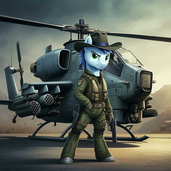 Size: 1024x1024 | Tagged: safe, ai content, derpibooru import, generator:google imagen 3.0, machine learning generated, prompter:zerowinger, soarin', anthro, pegasus, unguligrade anthro, attack helicopter, clothes, cosplay, costume, cowboy hat, flight suit, g.i. joe, gun, handgun, hat, helicopter, helicopter pilot, image, jpeg, male, pistol, solo, weapon, wild bill, wingless, wingless anthro