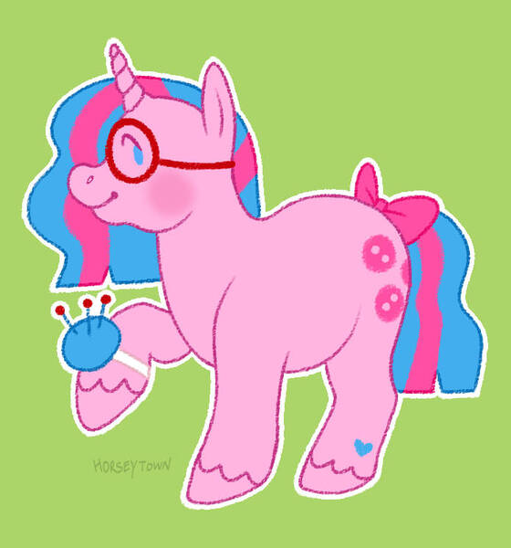 Size: 695x745 | Tagged: safe, artist:greengrizz, derpibooru import, buttons (g1), unicorn, g1, bow, glasses, green background, horn, image, jpeg, needle, pincushion, raised hoof, rosy cheeks, signature, simple background, smiling, solo, standing, tail bow, unshorn fetlocks