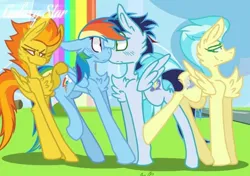 Size: 720x508 | Tagged: safe, ponerpics import, ponybooru import, misty fly, rainbow dash, soarin', spitfire, pegasus, pony, female, image, jpeg, male, mare, now kiss, shipping, soarindash, stallion, straight