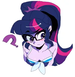 Size: 1165x1200 | Tagged: safe, artist:cheesesauce_45, derpibooru import, sci-twi, twilight sparkle, human, equestria girls, g4, blush sticker, blushing, breasts, bust, busty twilight sparkle, clothes, eyebrows, eyebrows visible through hair, female, image, looking offscreen, one-piece swimsuit, png, question mark, solo, swimsuit