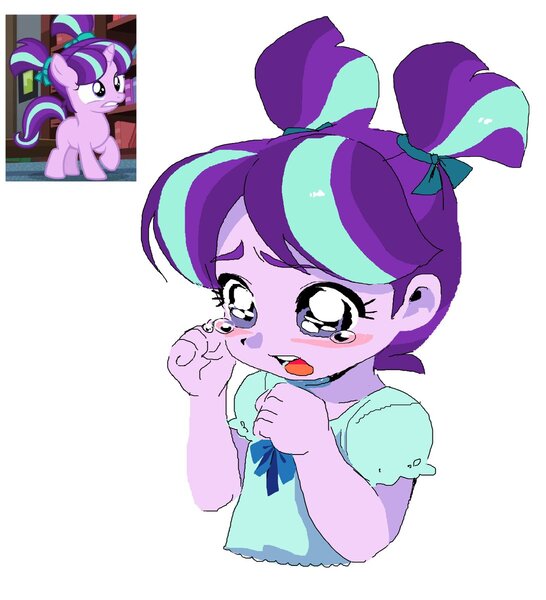 Size: 1091x1200 | Tagged: safe, artist:cheesesauce_45, derpibooru import, starlight glimmer, human, pony, equestria girls, g4, big eyes, blush sticker, blushing, bust, cute, female, filly, filly starlight glimmer, glimmerbetes, image, jpeg, open mouth, sad, sadorable, screencap reference, simple background, solo, teary eyes, white background, younger