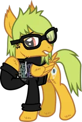 Size: 852x1269 | Tagged: safe, artist:lightningbolt, derpibooru import, ponified, pegasus, pony, .svg available, alex gaskarth, all time low, butt fluff, cheek fluff, clothes, derpibooru exclusive, dyed mane, dyed tail, ear fluff, folded wings, glasses, hood down, hoodie, hoof fluff, image, lidded eyes, lip bite, long sleeves, looking back, male, png, raised hoof, raised leg, show accurate, solo, stallion, standing, tail, tail feathers, tattoo, vector, wing fluff, wings