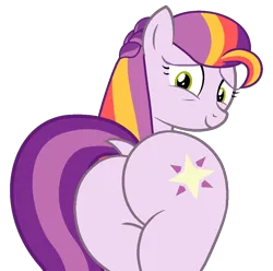 Size: 1030x1023 | Tagged: suggestive, artist:shieldwingarmorofgod, derpibooru import, earth pony, g4, g5, butt, cute, image, png, rear view, simple background, smiling, sunny starscout's mother, transparent background, velvet starscout