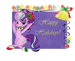 Size: 800x654 | Tagged: safe, artist:tractaresolidum, derpibooru import, starlight glimmer, pony, unicorn, g4, bell, chest fluff, clothes, ear fluff, female, flower, flower in hair, glow, glowing horn, happy holidays, horn, image, lens flare, open mouth, png, smiling, socks, solo