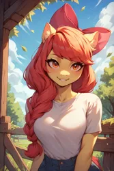 Size: 896x1344 | Tagged: safe, ai content, derpibooru import, machine learning generated, prompter:saberclaw1x, apple bloom, anthro, earth pony, pony, g4, blushing, braid, breasts, bust, busty apple bloom, ear fluff, female, grin, image, looking at you, mare, older, older apple bloom, png, smiling, smiling at you