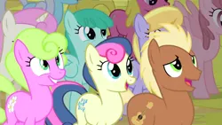 Size: 1366x768 | Tagged: safe, derpibooru import, screencap, bon bon, cherry berry, cloud kicker, daisy, flower wishes, linky, meadow song, shoeshine, spring melody, sprinkle medley, sweetie drops, twinkleshine, pony, g4, putting your hoof down, season 2, image, pink cloud (g4), png