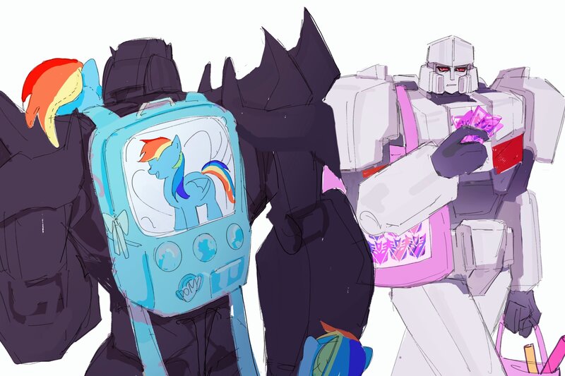 Size: 3000x2000 | Tagged: safe, artist:vivinvelsie, derpibooru import, rainbow dash, autobot, backpack, crossover, image, jpeg, megatron, plushie, transformers, transformers one, transformers prime