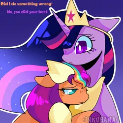 Size: 2048x2048 | Tagged: safe, artist:inkuhana, derpibooru import, sunny starscout, twilight sparkle, twilight sparkle (alicorn), alicorn, earth pony, pony, g4, g5, consoling, crying, duo, floppy ears, hug, image, jpeg, sad, sunny and her heroine, teary eyes